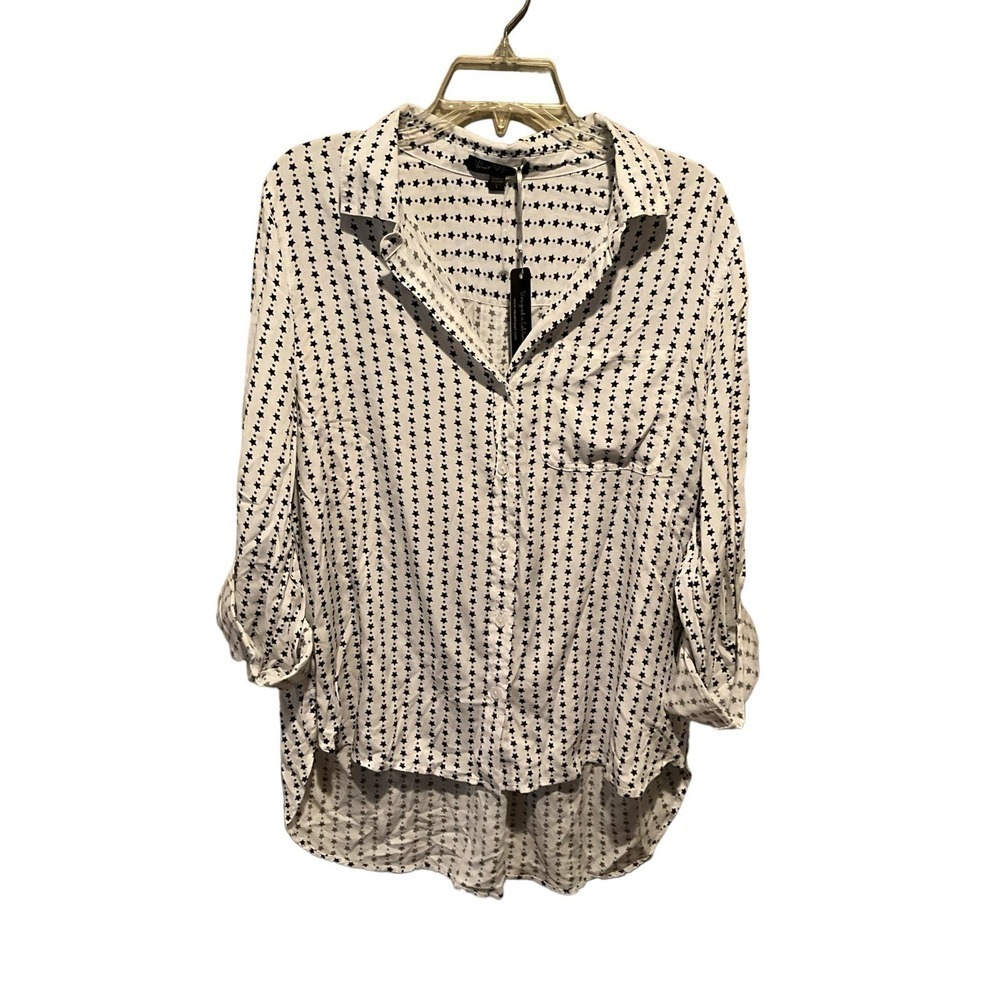 Velvet Heart Women's Large White Stars Print Rayon Classic Long Sleeve Button-Up
